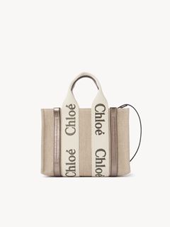 CHLOÉ Tote bag Woman Small Woody tote bag in linen & leather w