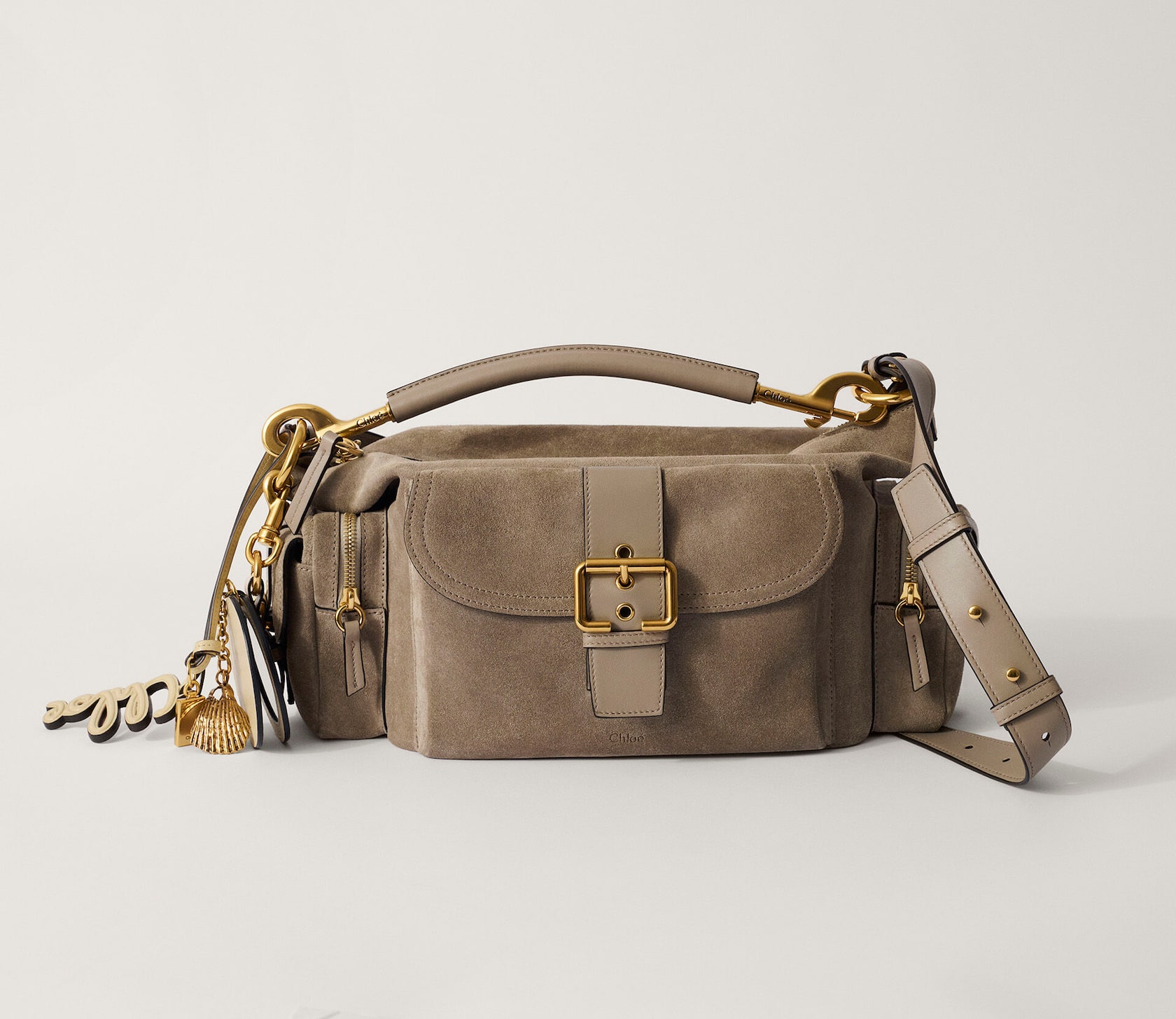 Luxury Camera bag in suede leather in motty grey