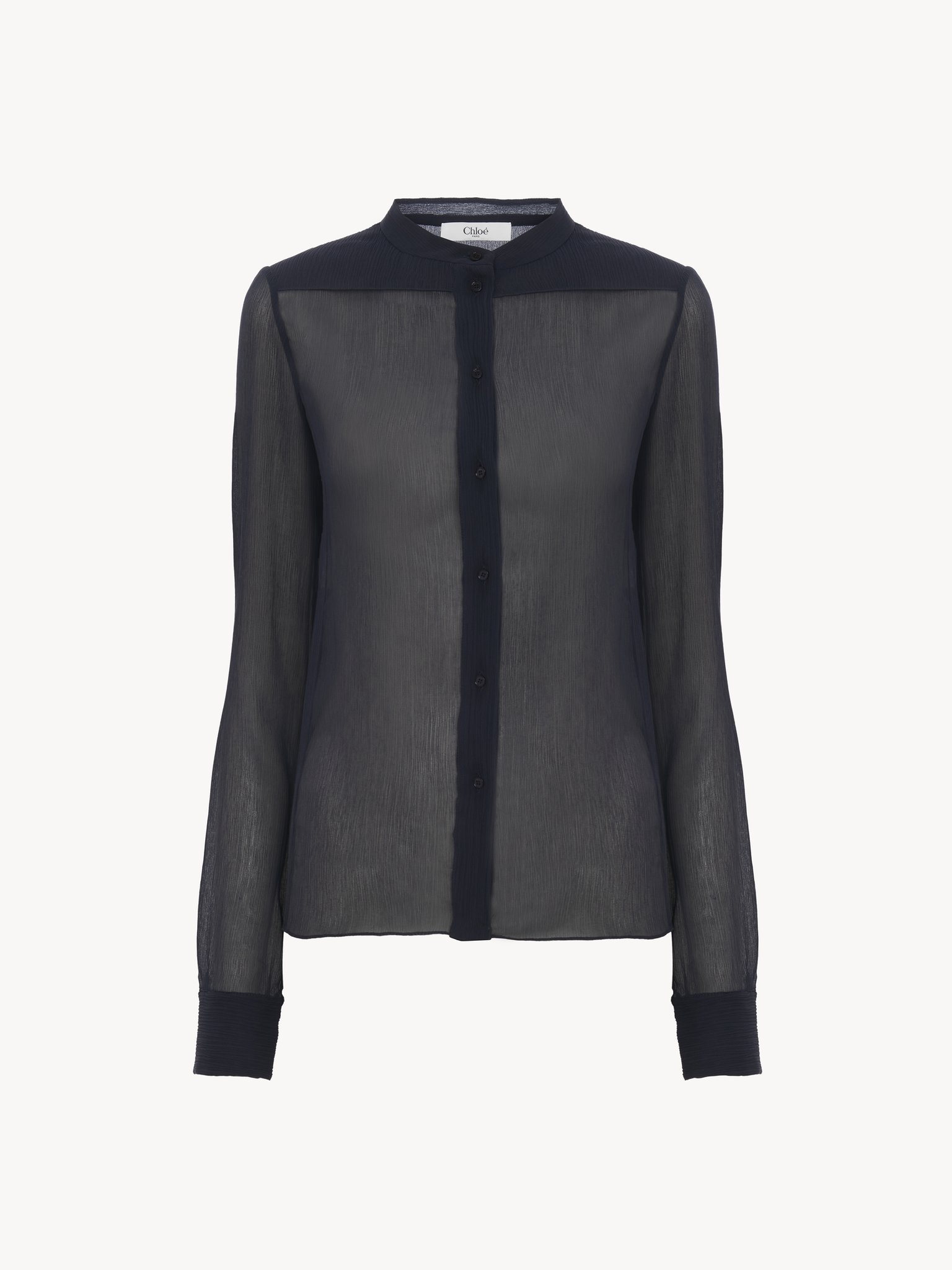 Slim-fit collarless blouse in silk crêpon Organic silk crêpon
Graphite Blue