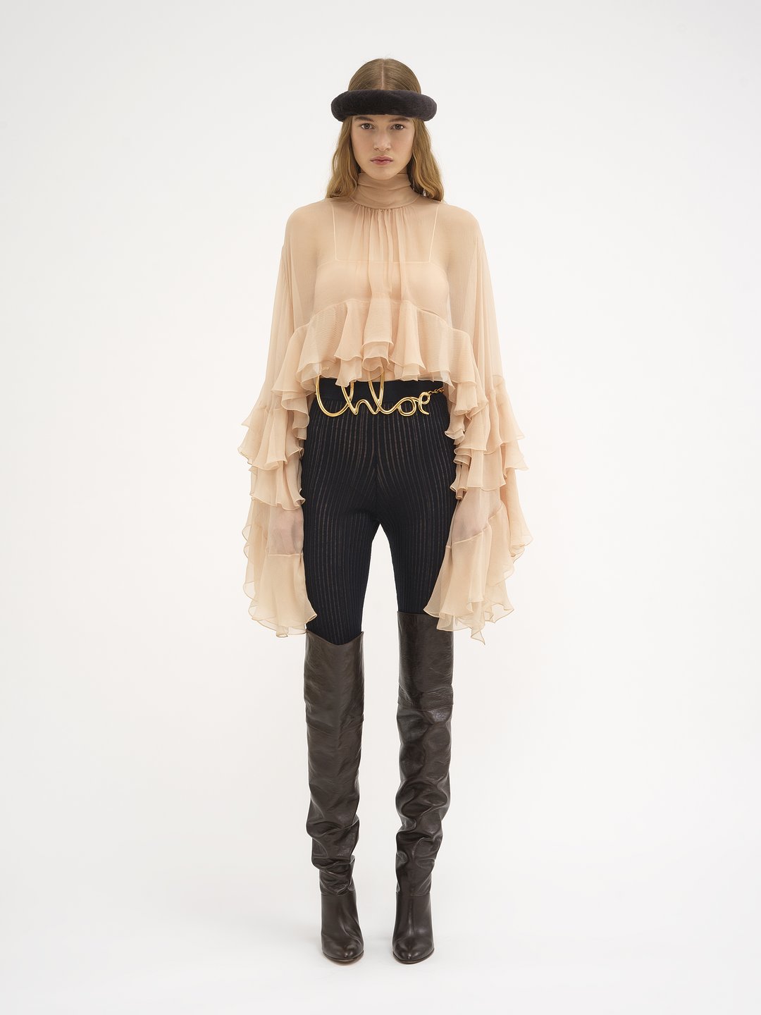 High-low ruffle top in silk mousseline