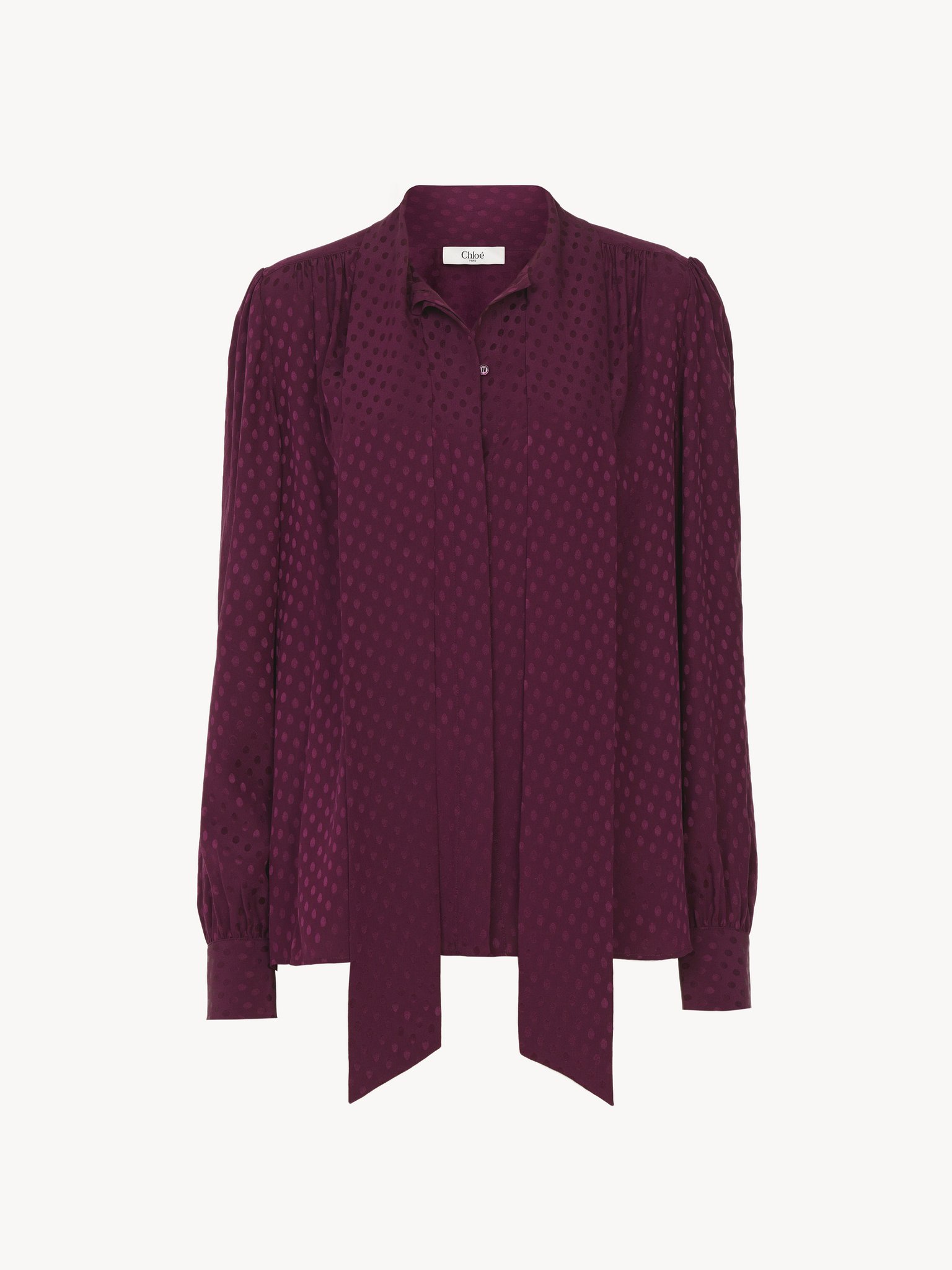 Lavallière blouse in silk jacquard Organic silk dots jacquard
Maroon Pink