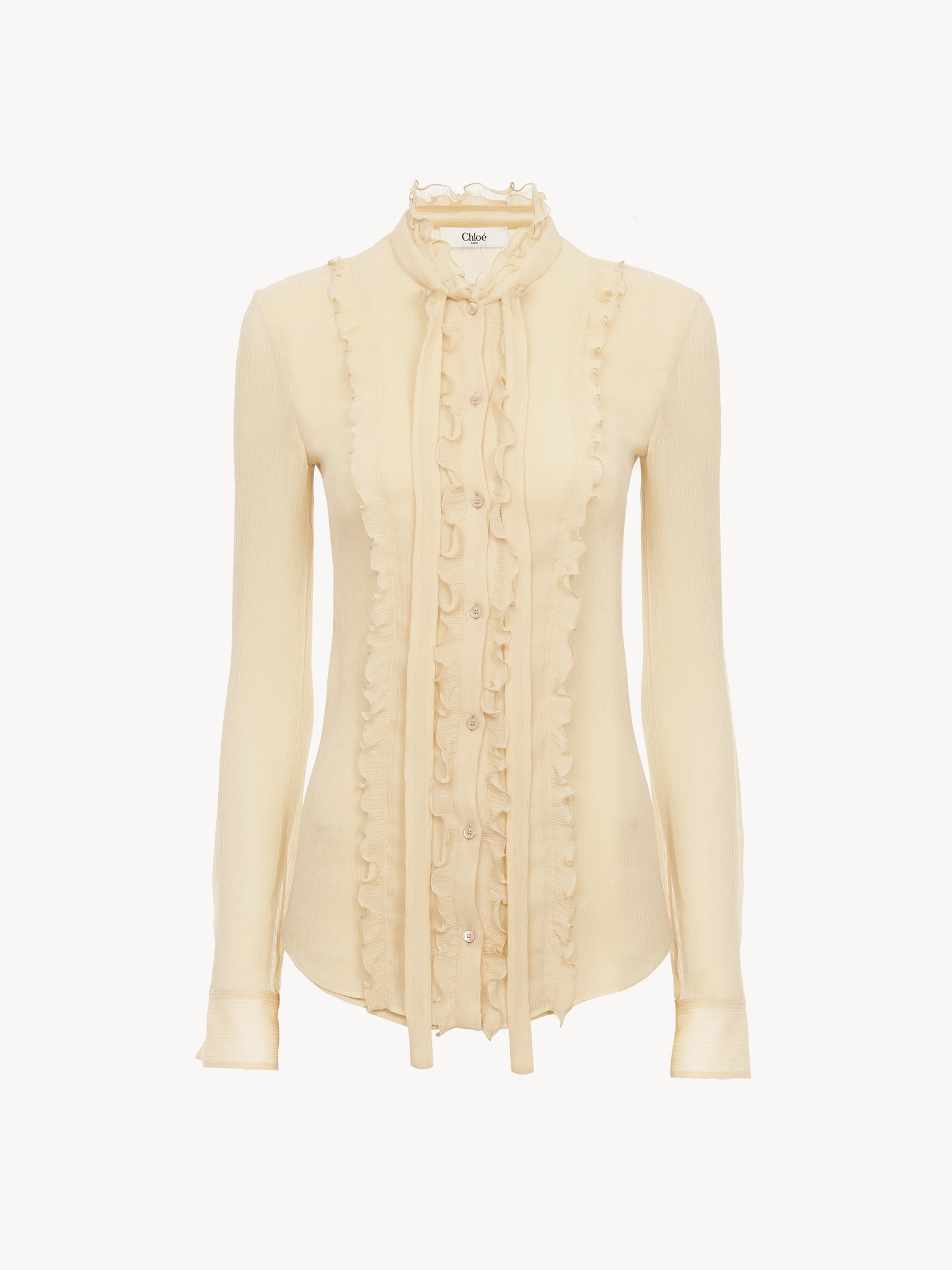 Ruffled fitted blouse in silk crêpon Iconic organic silk crêpon
Light Sand