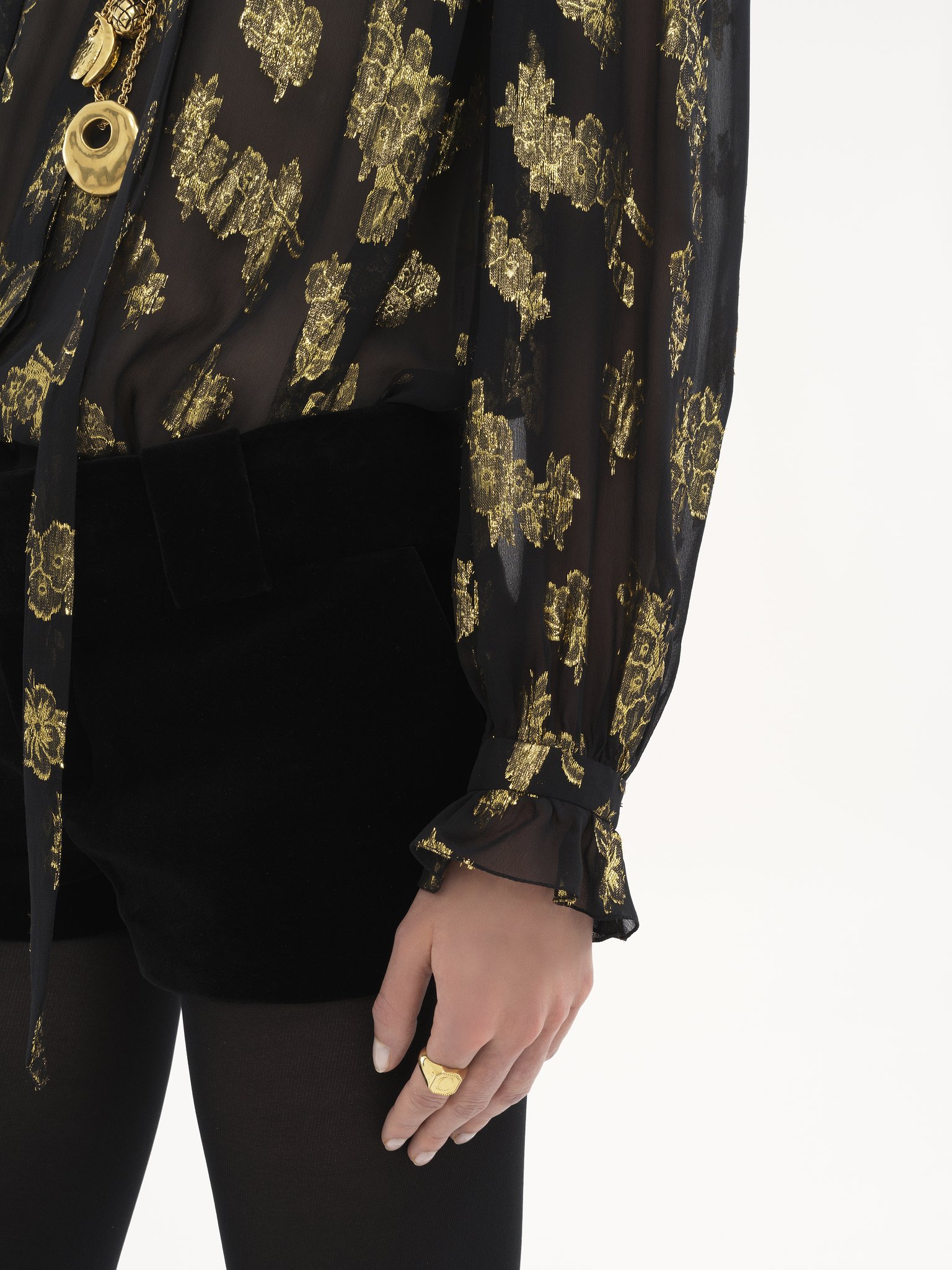 Gathered blouse in silk jacquard & lurex Silk lurex floral jacquard
Black Front view of the product being worn