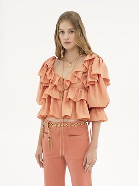 Cropped ruffle top in washed silk poplin Washed silk poplin
Shell Coral Product detail