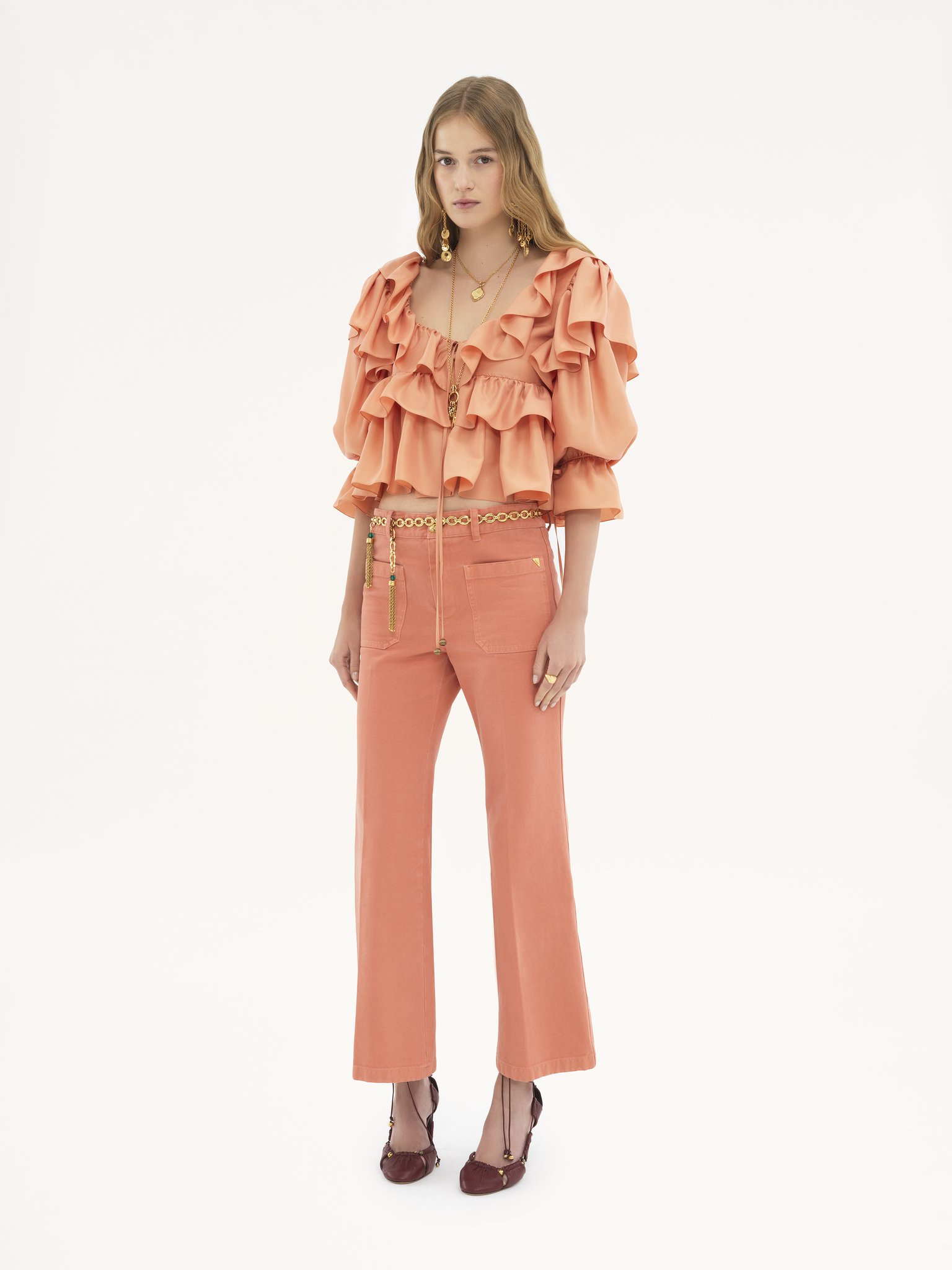 Cropped ruffle top in washed silk poplin Washed silk poplin
Shell Coral Back view of the product