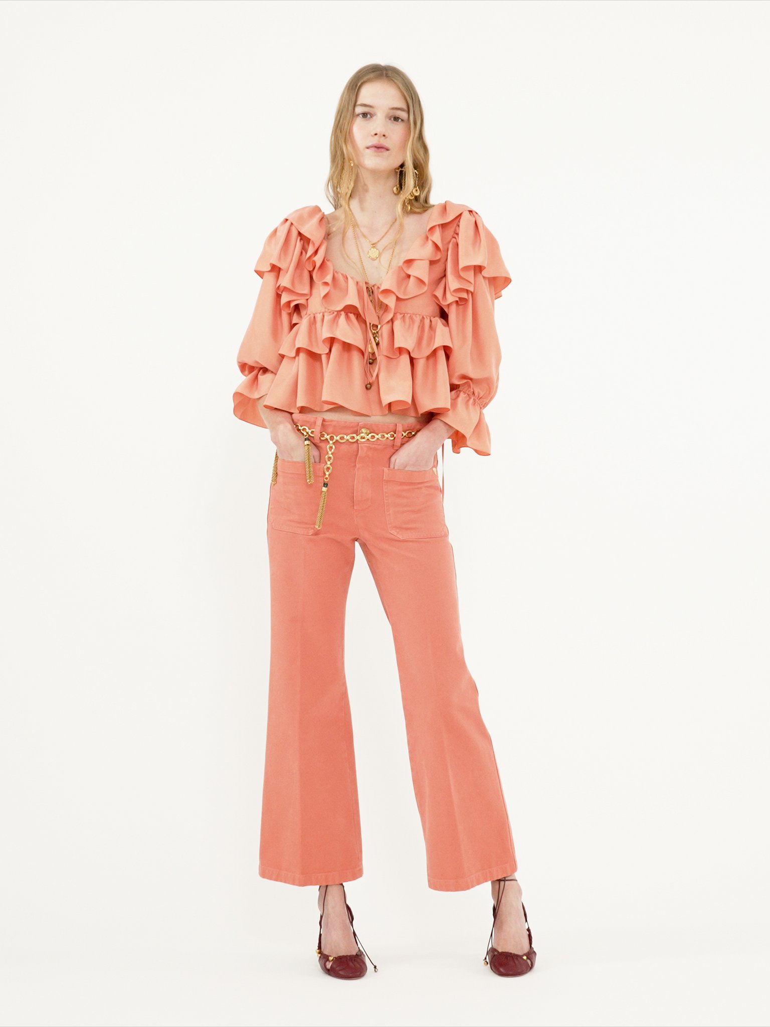 Cropped ruffle top in washed silk poplin Washed silk poplin
Shell Coral [*** acc_altImage_shotV ***]