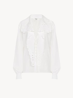 Embroidered lavallière shirt in cotton poplin Organic cotton poplin
White