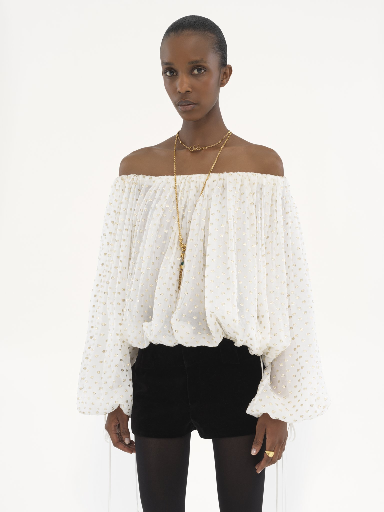 Gathered off-the-shoulder top in silk jacquard & lurex Light silk lurex dots jacquard
Coconut Milk Product detail