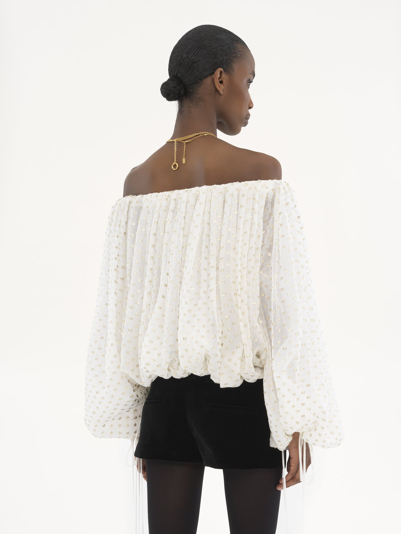 Gathered off-the-shoulder top in silk jacquard & lurex Light silk lurex dots jacquard
Coconut Milk Top view of the product