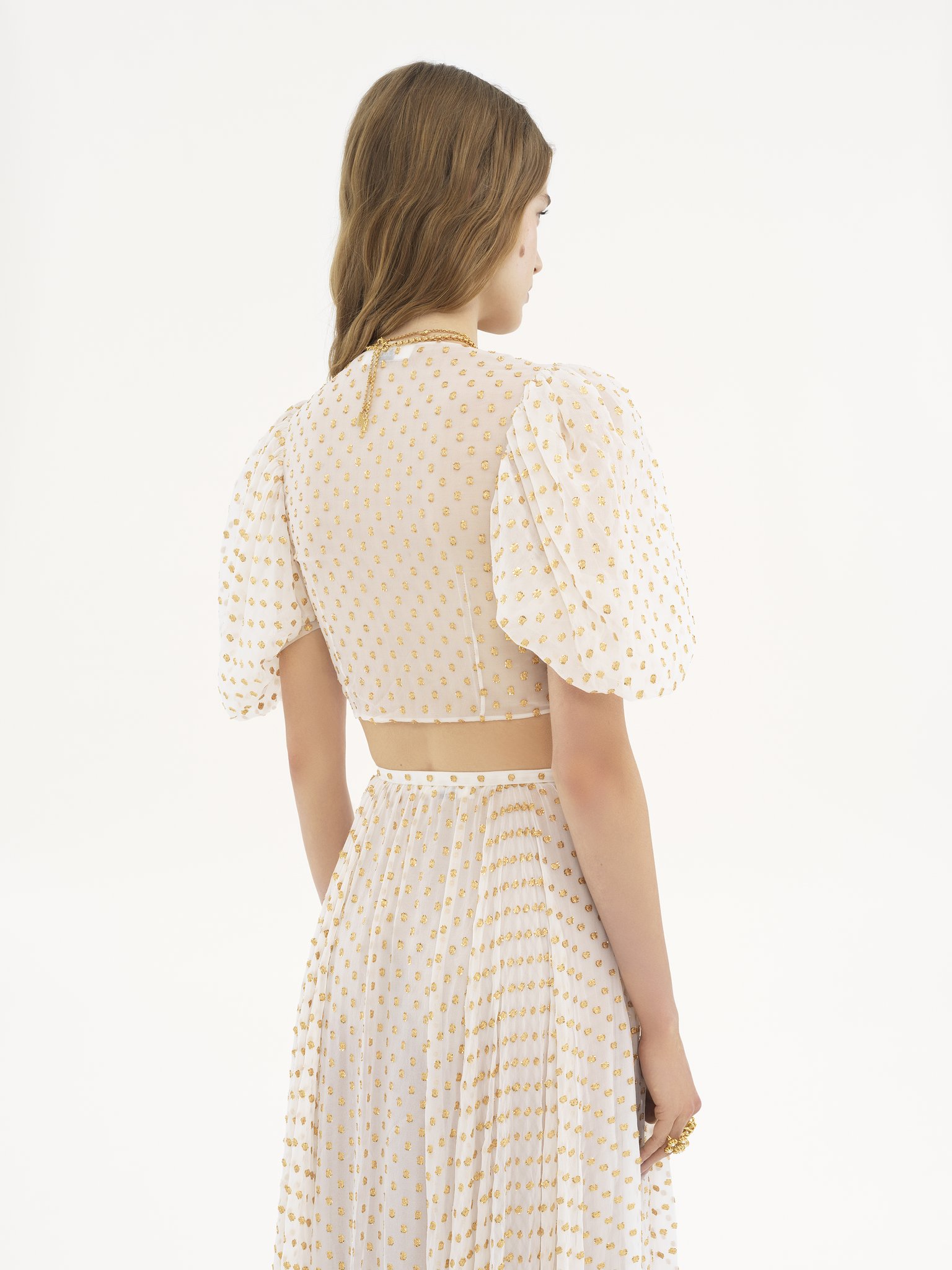 Fluid cropped top in silk jacquard & lurex Light silk lurex dots jacquard
Snow White Top view of the product