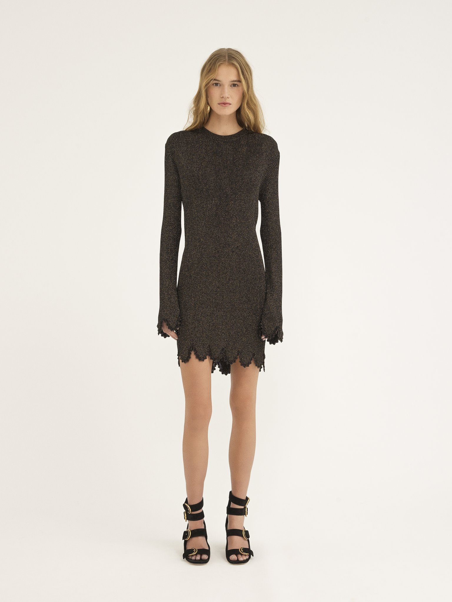 Fitted scallop dress in viscose-blend knit Viscose & metallic lurex rib knit
Black Product detail