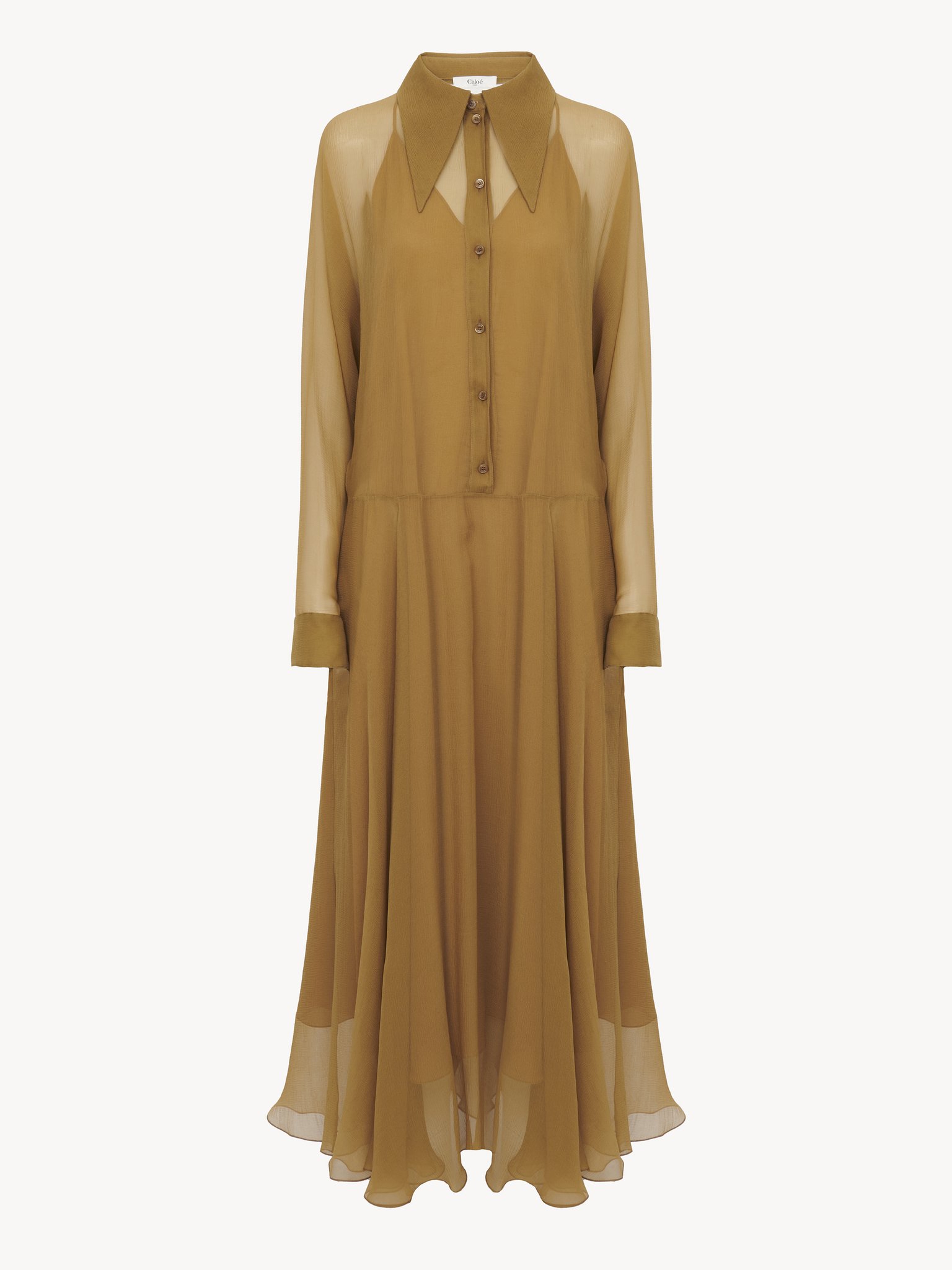 Fluid long shirt dress in silk mousseline Organic silk mousseline
Foamy Green