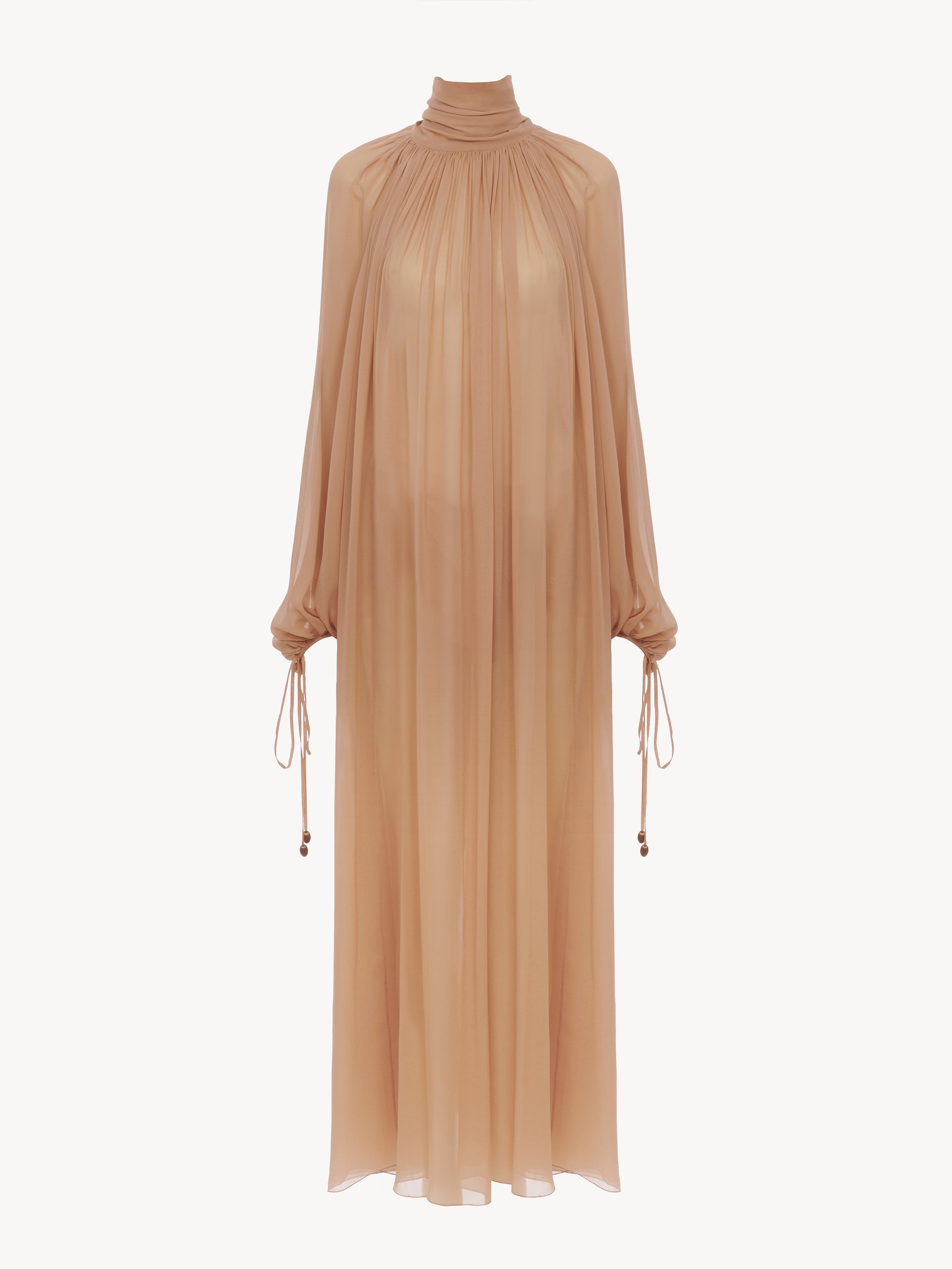 Mock-neck gathered long dress in silk georgette Organic silk georgette
Sand Brown