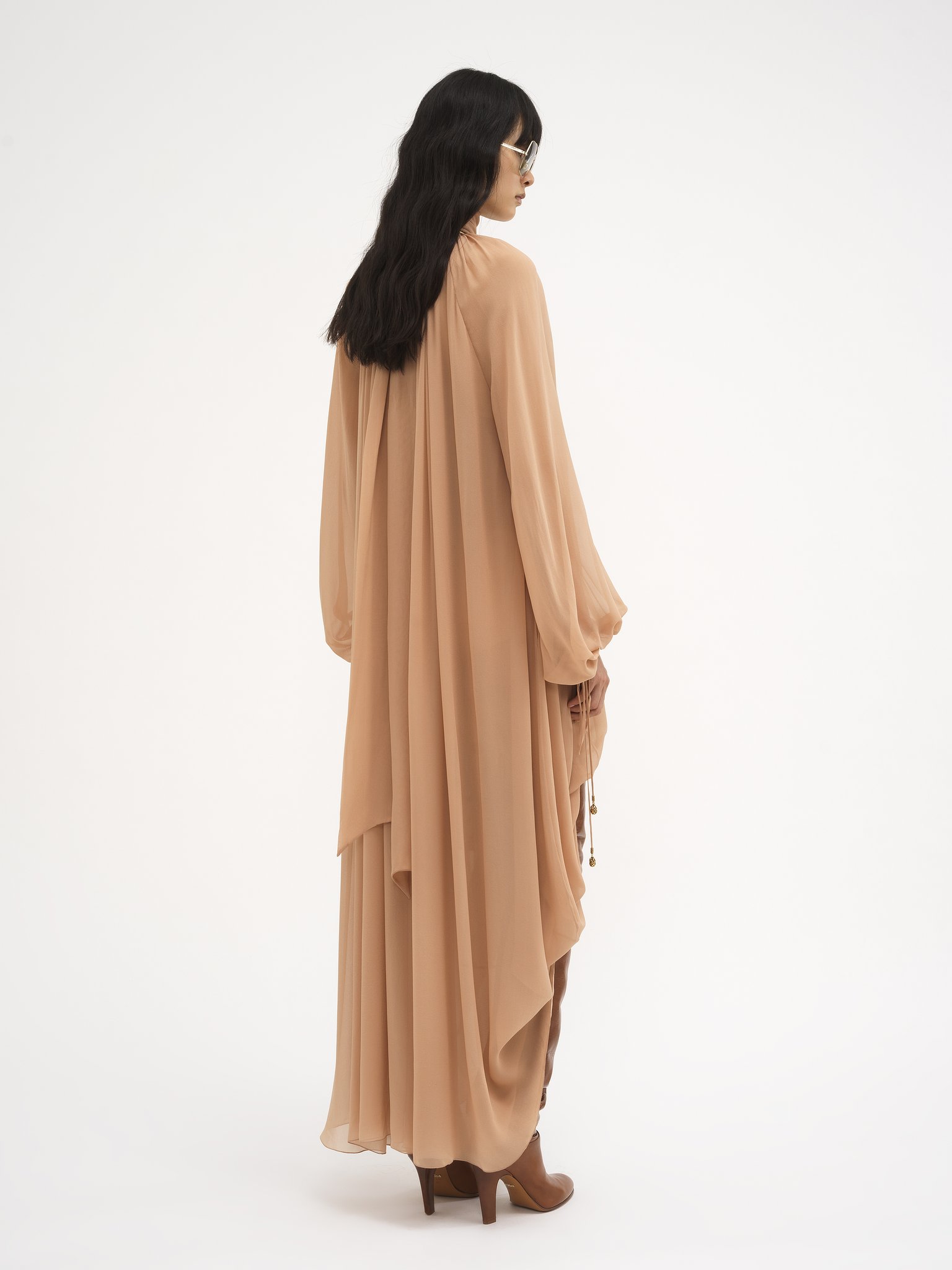 Mock-neck gathered long dress in silk georgette Organic silk georgette
Sand Brown Top view of the product