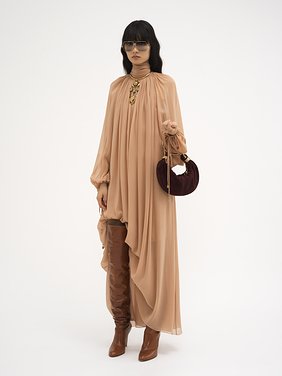 Mock-neck gathered long dress in silk georgette Organic silk georgette
Sand Brown Back view of the product