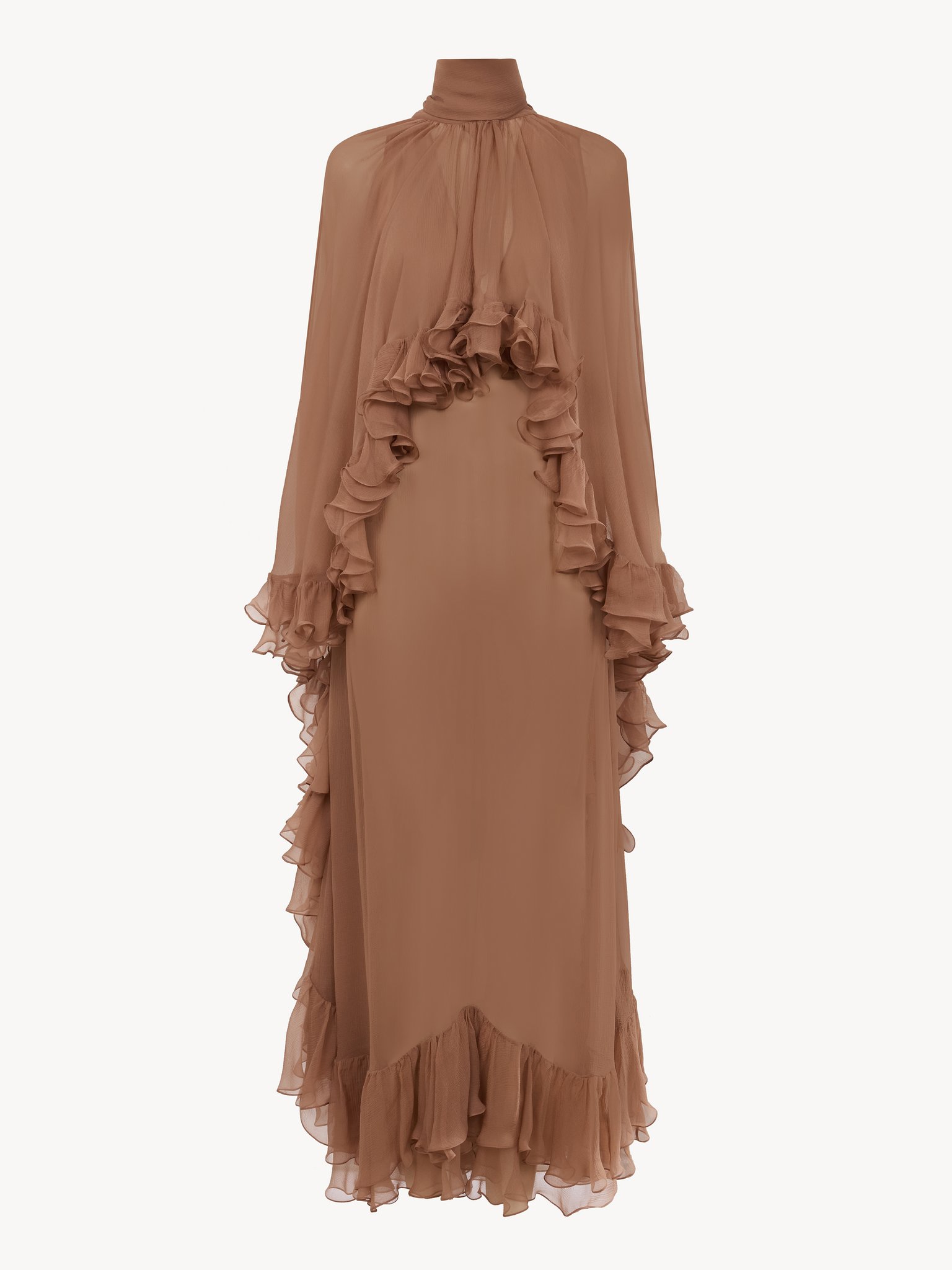 Mock-neck ruffle dress in silk mousseline Organic silk mousseline
Nougat