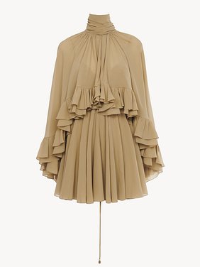 Mini cape dress in silk georgette Organic silk georgette
Foggy Khaki