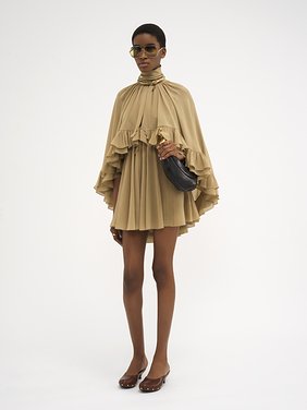 Mini cape dress in silk georgette Organic silk georgette
Foggy Khaki Back view of the product