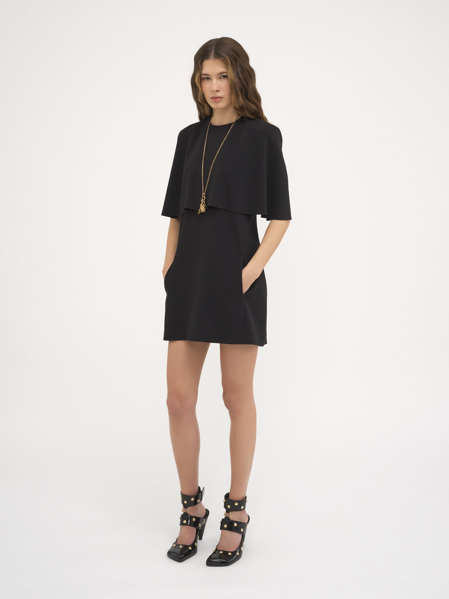 Short cape dress in viscose crêpe Viscose crêpe
Black Product detail