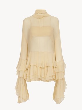 Ruffled mini dress in silk mousseline Organic silk mousseline
Macadamia Brown