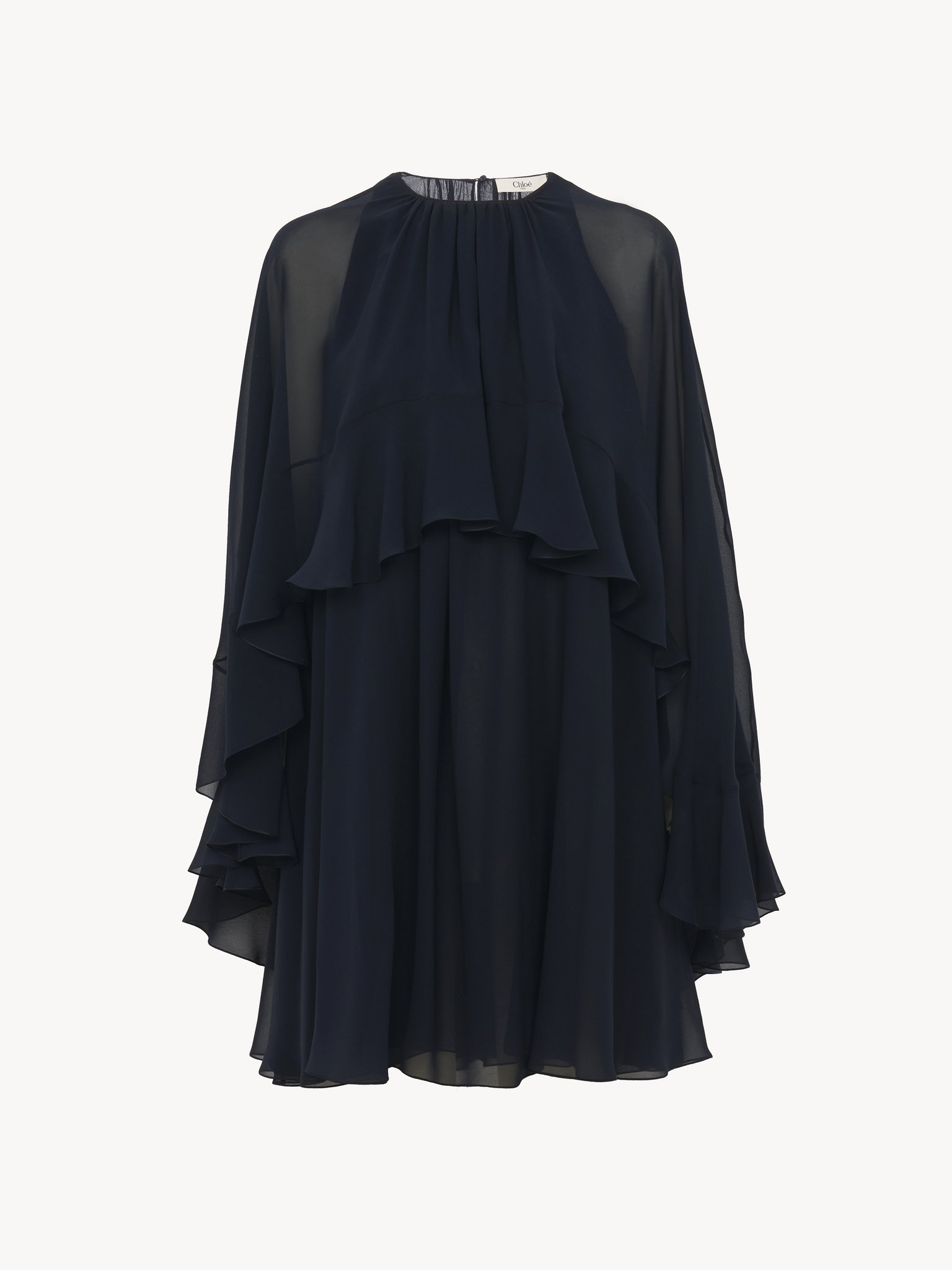 Mini cape dress in silk georgette Organic silk georgette
Graphite Blue