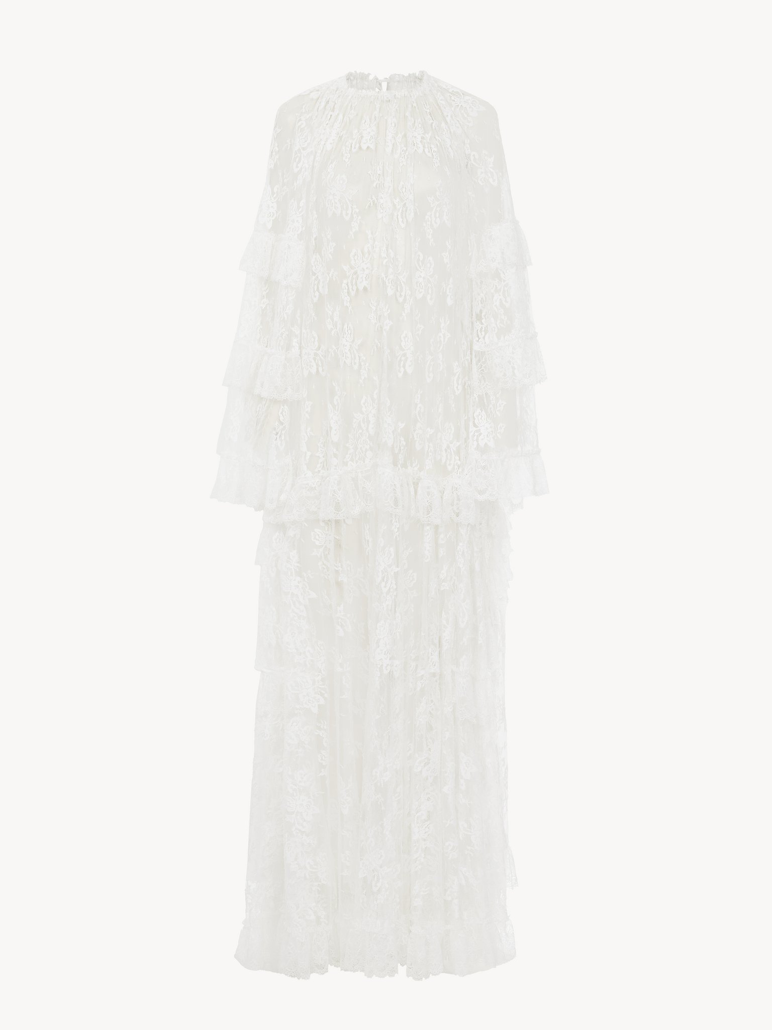 Long ruffle dress in silk lace Floral lace embroidery on silk
Iconic Milk