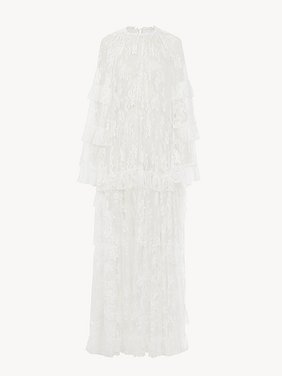 Long ruffle dress in silk lace Floral lace embroidery on silk
Iconic Milk