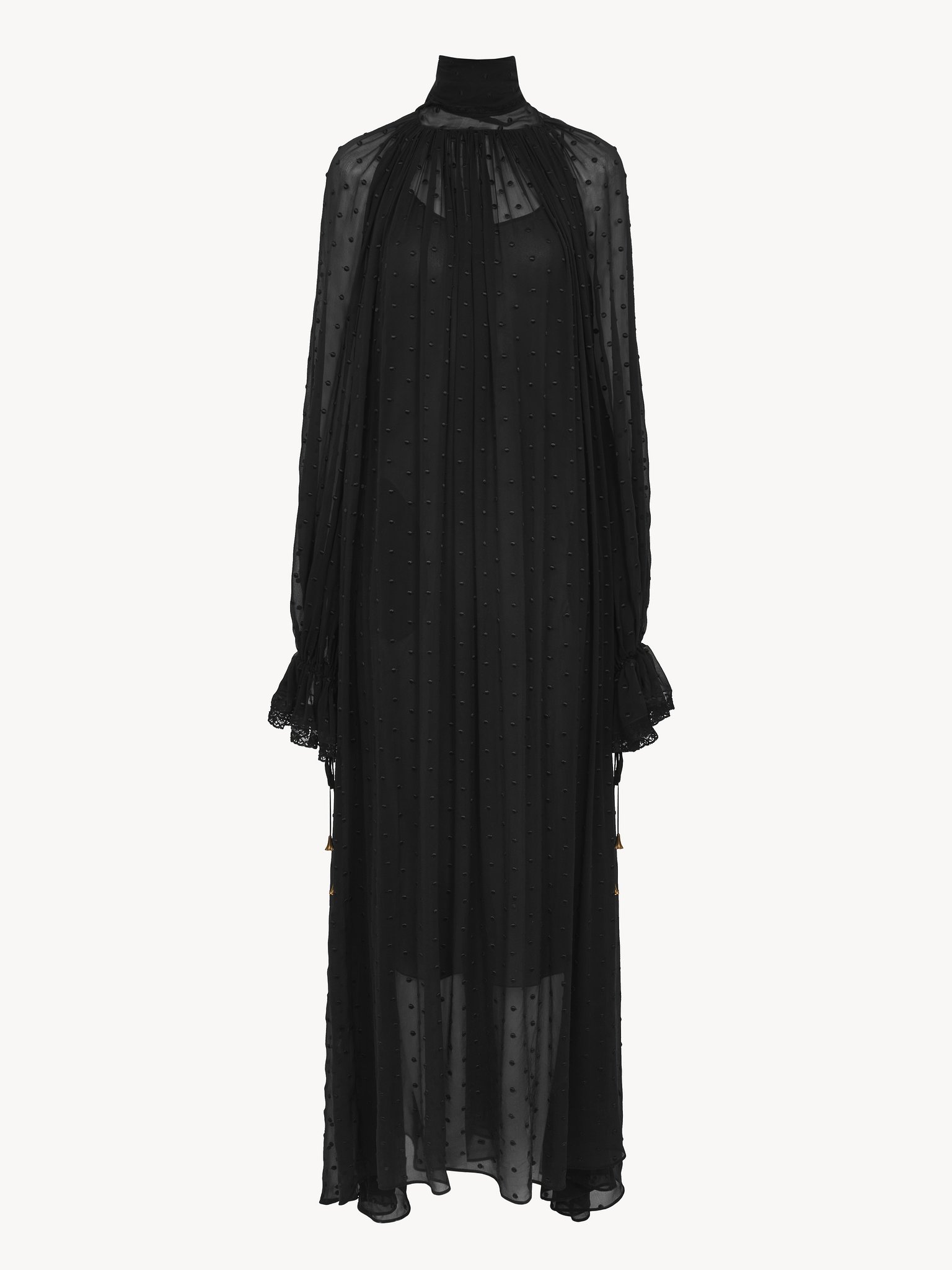 Gathered long dress in silk georgette plumetis Embroidered silk georgette plumetis
Black