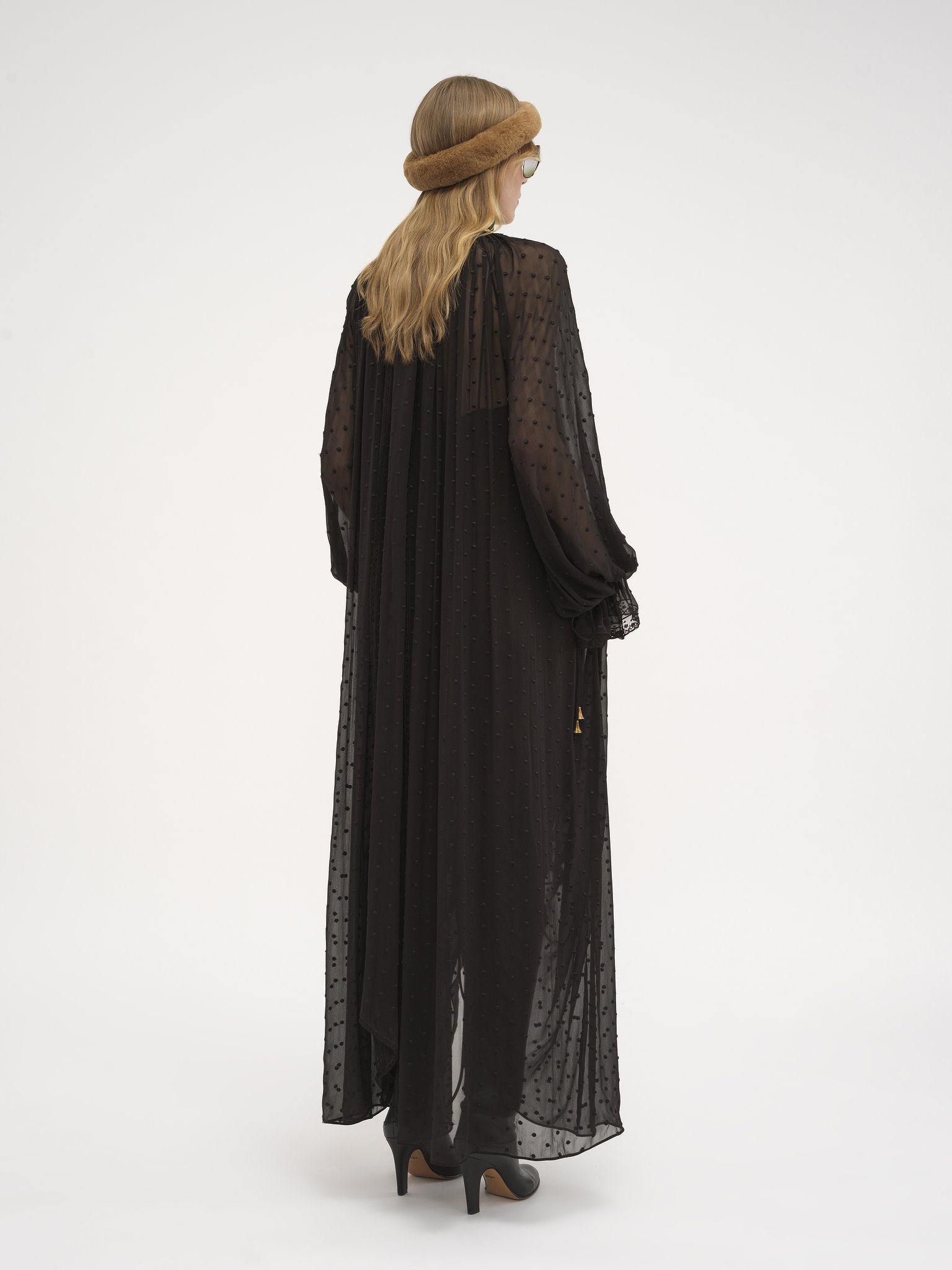 Gathered long dress in silk georgette plumetis Embroidered silk georgette plumetis
Black Top view of the product