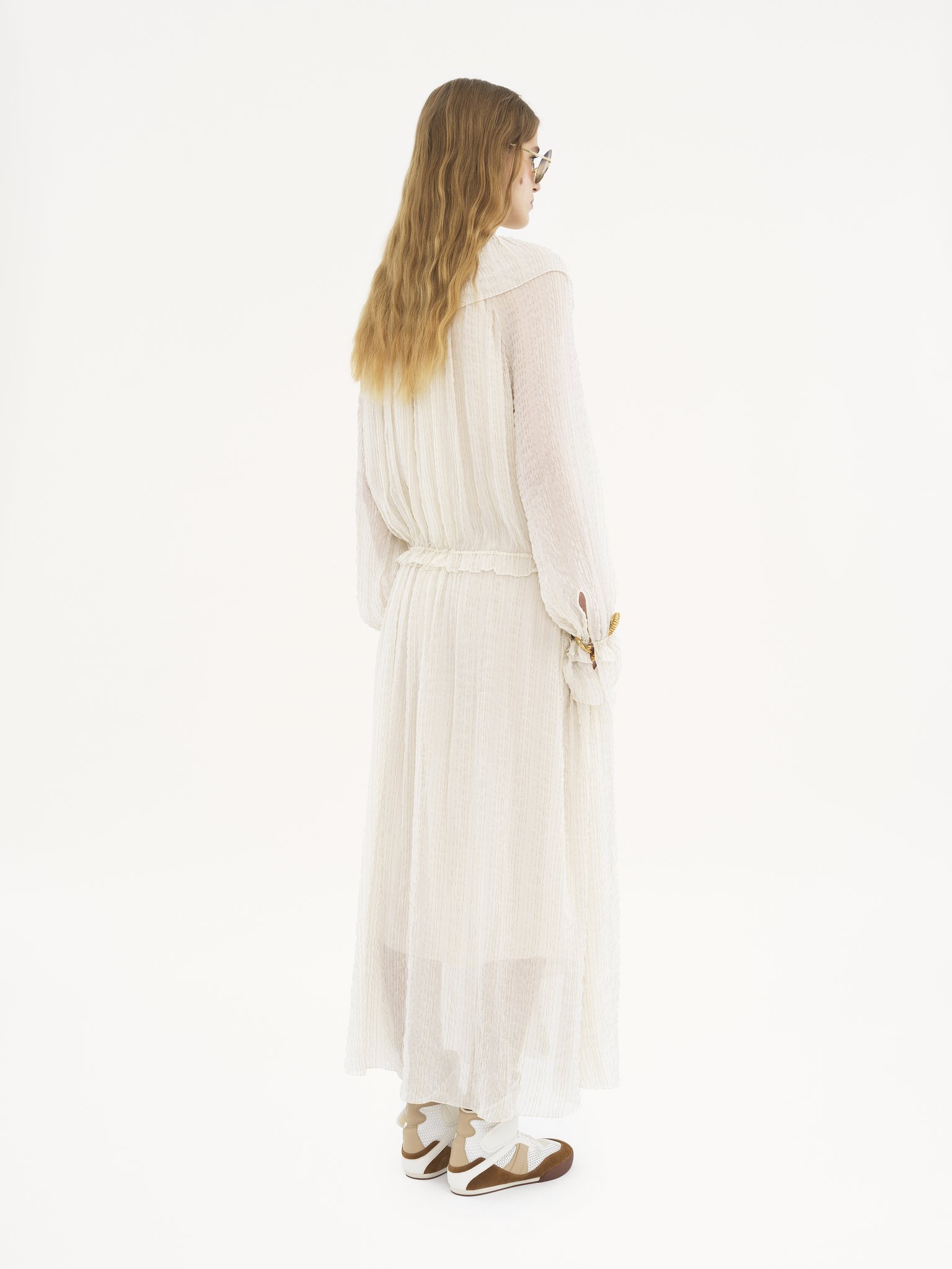 Gathered long dress in silk crêpon Striped lurex organic silk crêpon
Whisper White Top view of the product