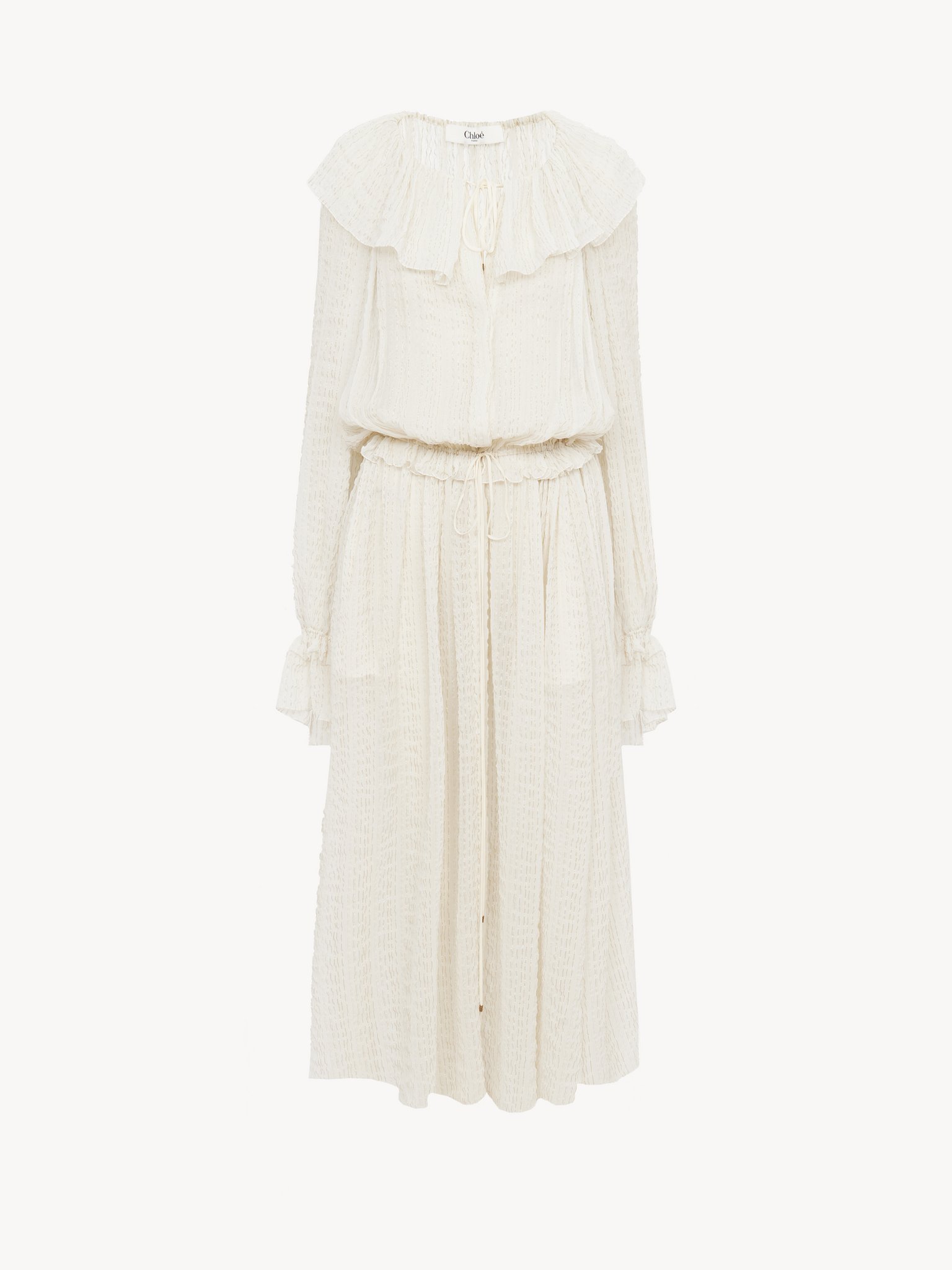 Gathered long dress in silk crêpon Striped lurex organic silk crêpon
Whisper White