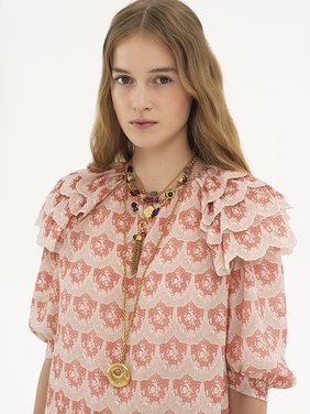 Puff-sleeve mini dress in silk crêpon Floral print on silk crêpon
Beige & Pink 