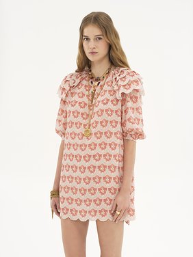 Puff-sleeve mini dress in silk crêpon Floral print on silk crêpon
Beige & Pink Product detail