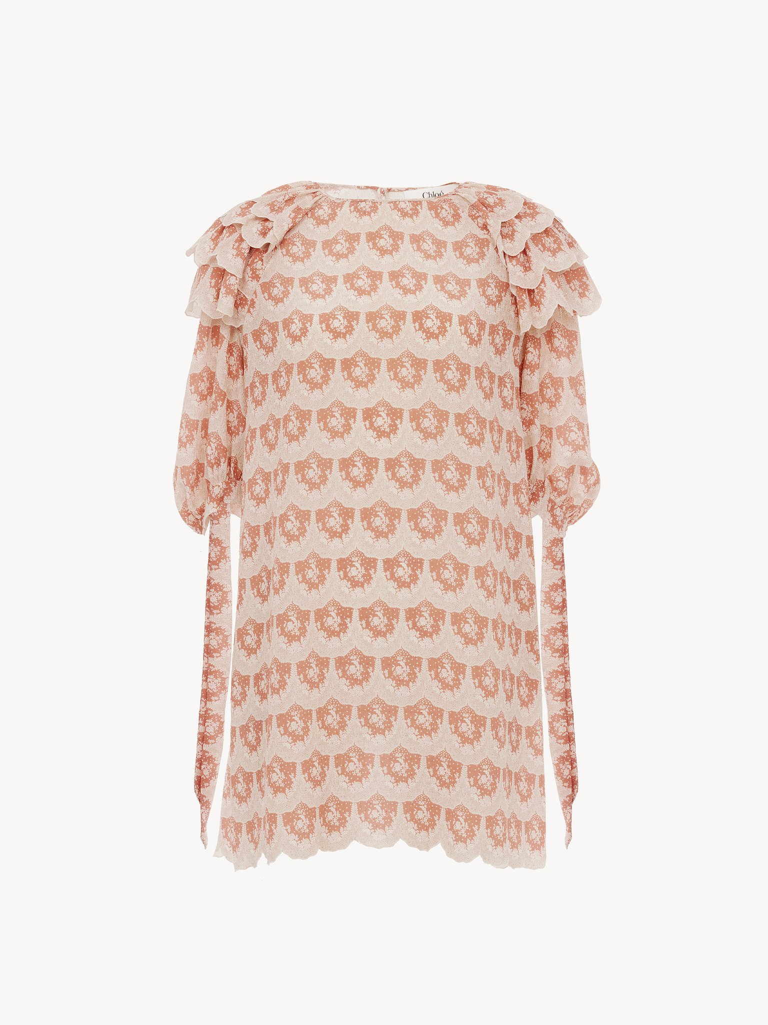 Puff-sleeve mini dress in silk crêpon Floral print on silk crêpon
Beige & Pink