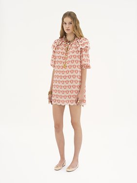 Puff-sleeve mini dress in silk crêpon Floral print on silk crêpon
Beige & Pink Back view of the product