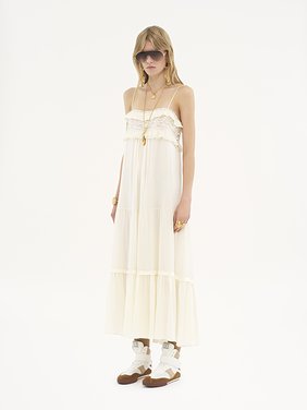 Sleeveless long dress in silk charmeuse Silk charmeuse
Dusty White Product detail