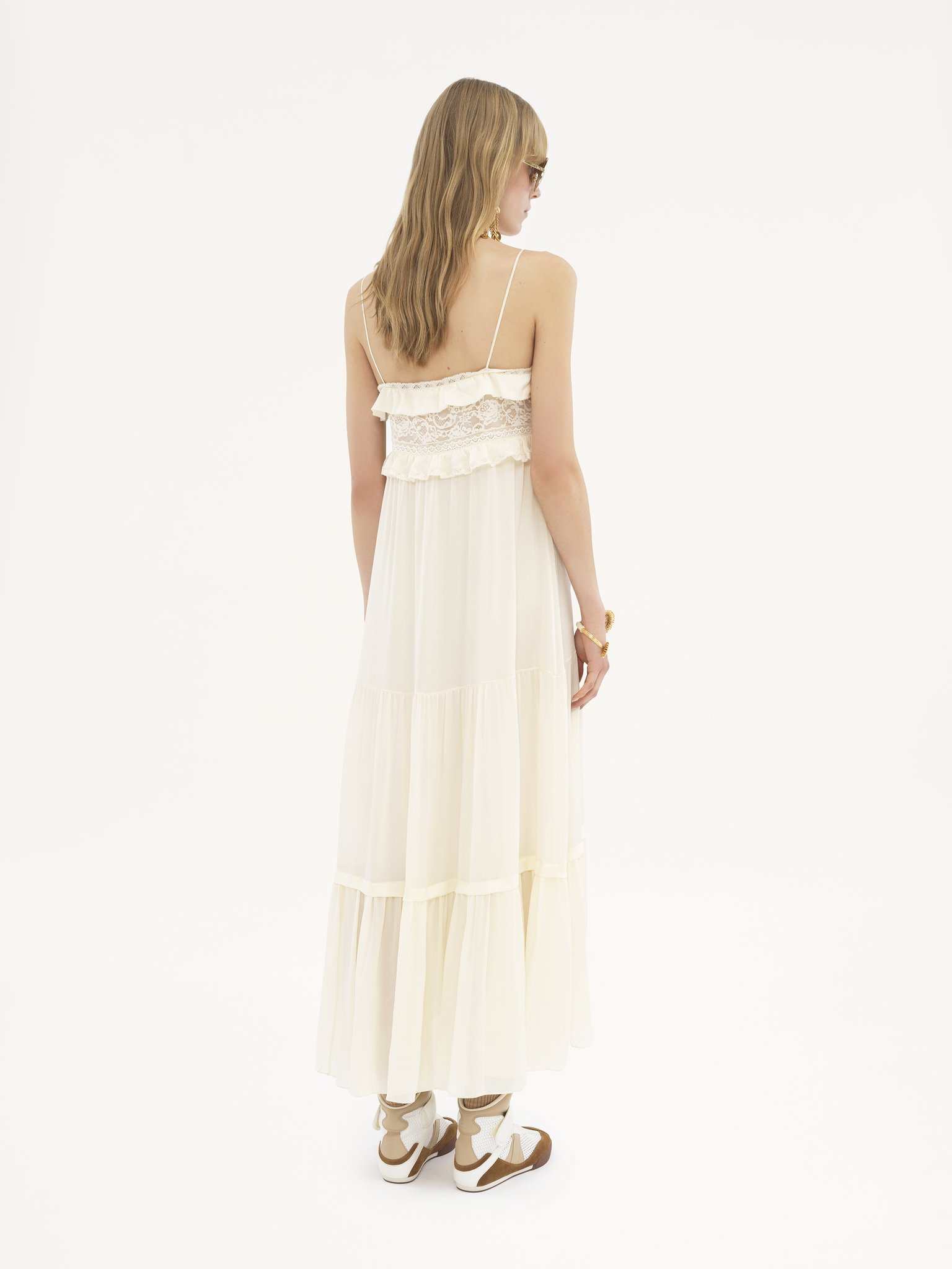 Sleeveless long dress in silk charmeuse Silk charmeuse
Dusty White Top view of the product