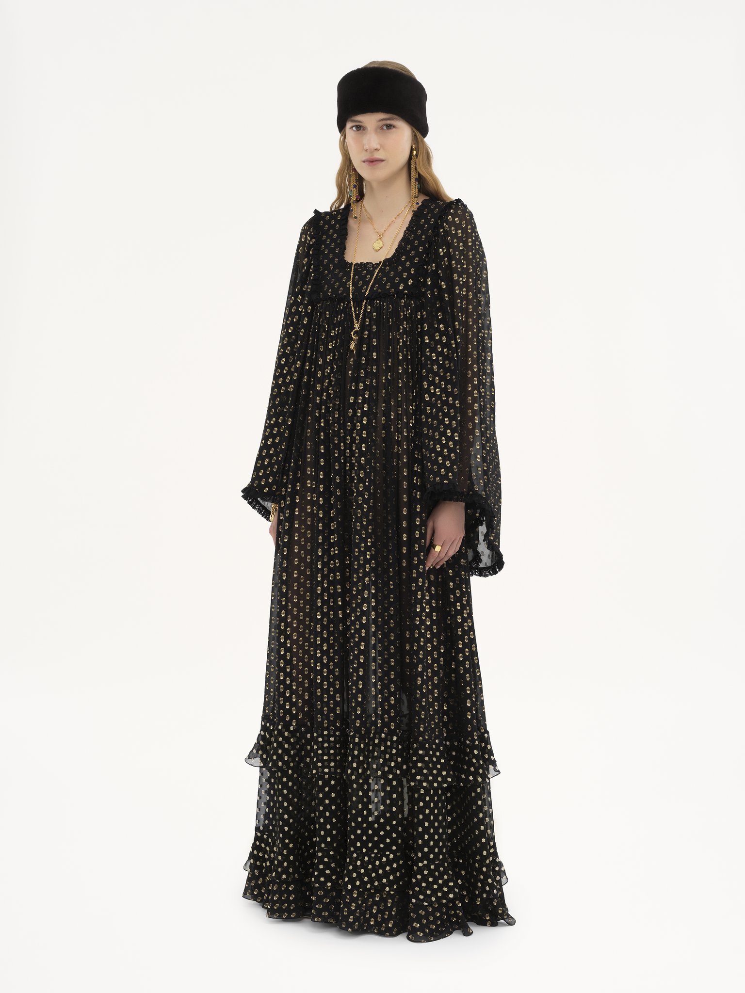 Ruffled maxi dress in light silk Light silk lurex dots jacquard
Black Product detail