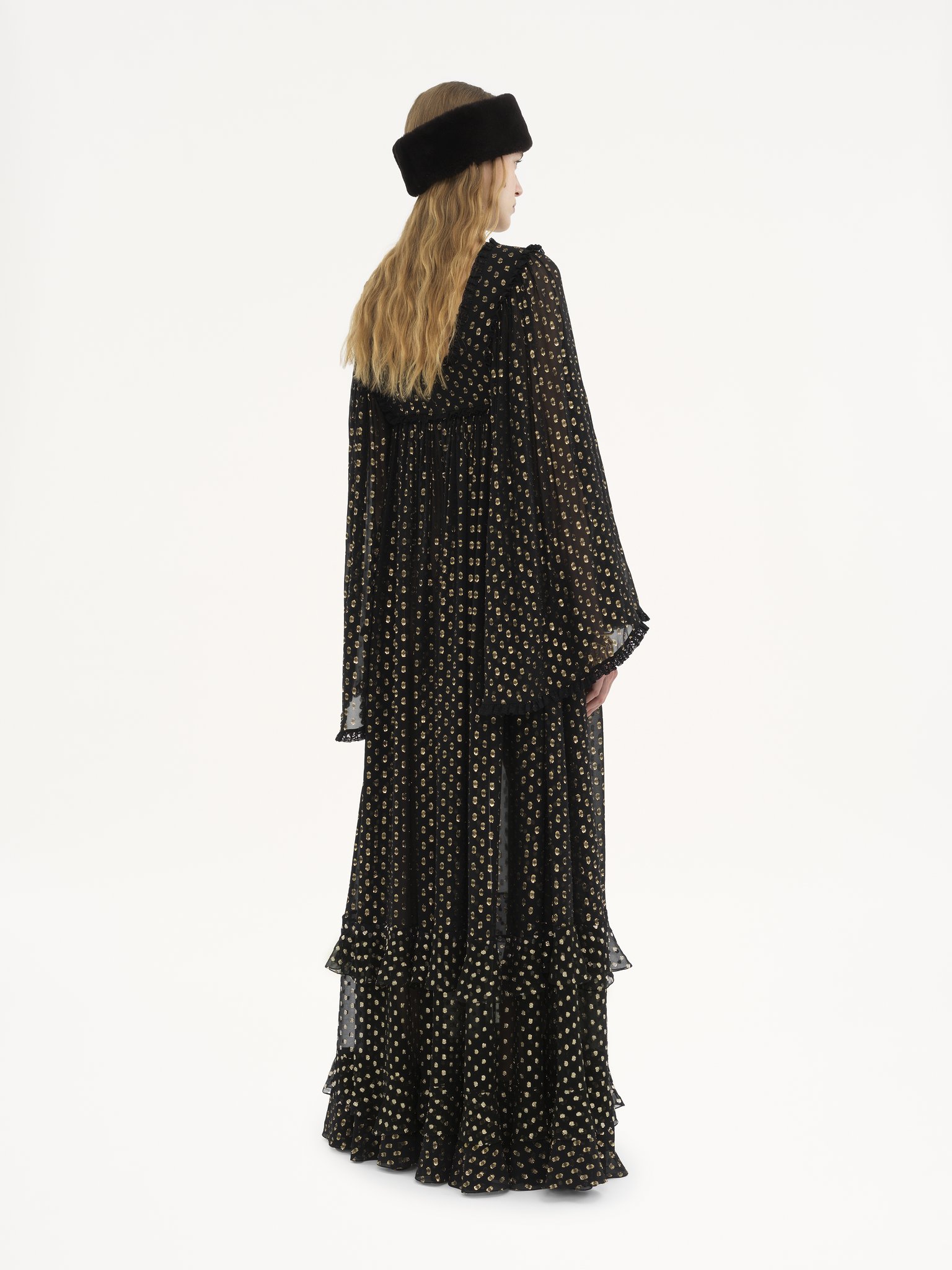 Ruffled maxi dress in light silk Light silk lurex dots jacquard
Black Top view of the product