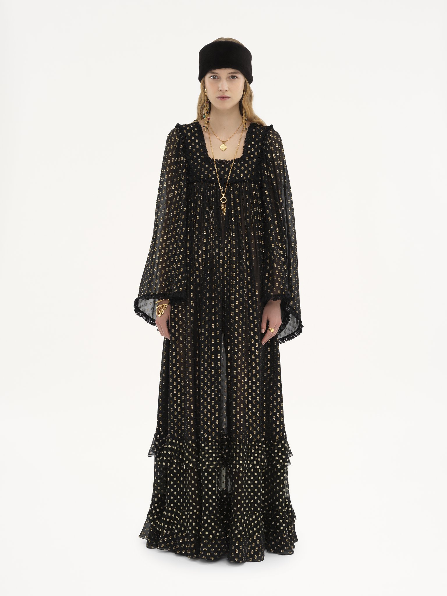 Ruffled maxi dress in light silk Light silk lurex dots jacquard
Black Back view of the product