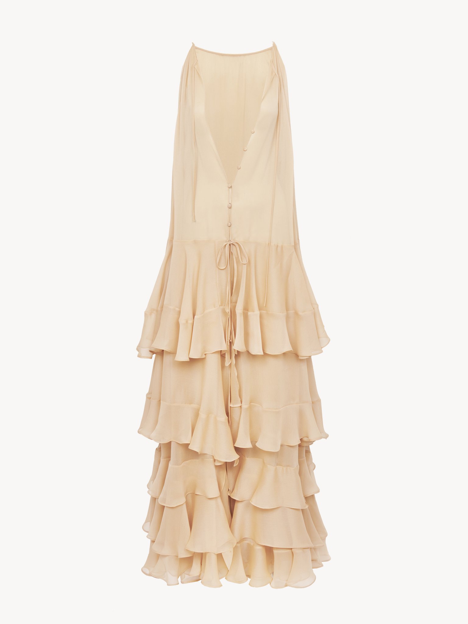 Tiered maxi dress in silk georgette Organic silk georgette
Creamy Beige