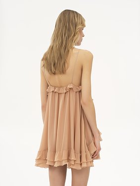 Sleeveless mini dress in silk georgette Organic silk georgette
Sand Brown 