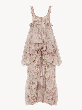 High-low ruffled dress in silk mousseline Bouquet print on organic silk mousseline
Muddy Grey