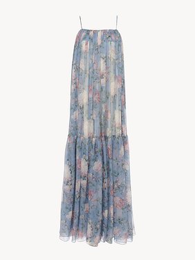 Sleeveless long dress in silk mousseline Peonies print on organic silk mousseline
Grizzled Blue