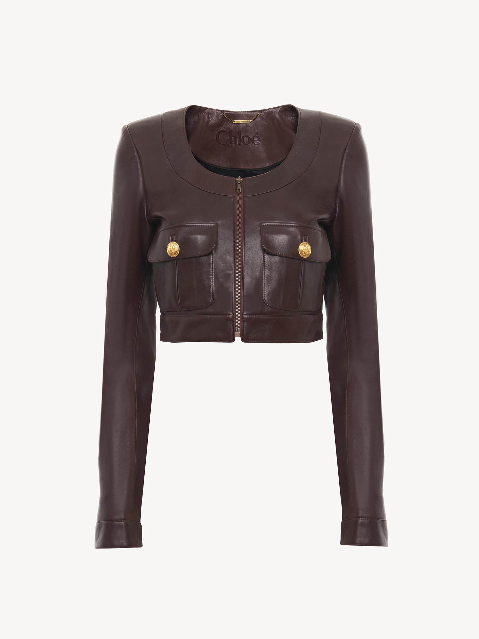 Cropped chasseur jacket in leather Satin nappa leather
Deep Mahogany