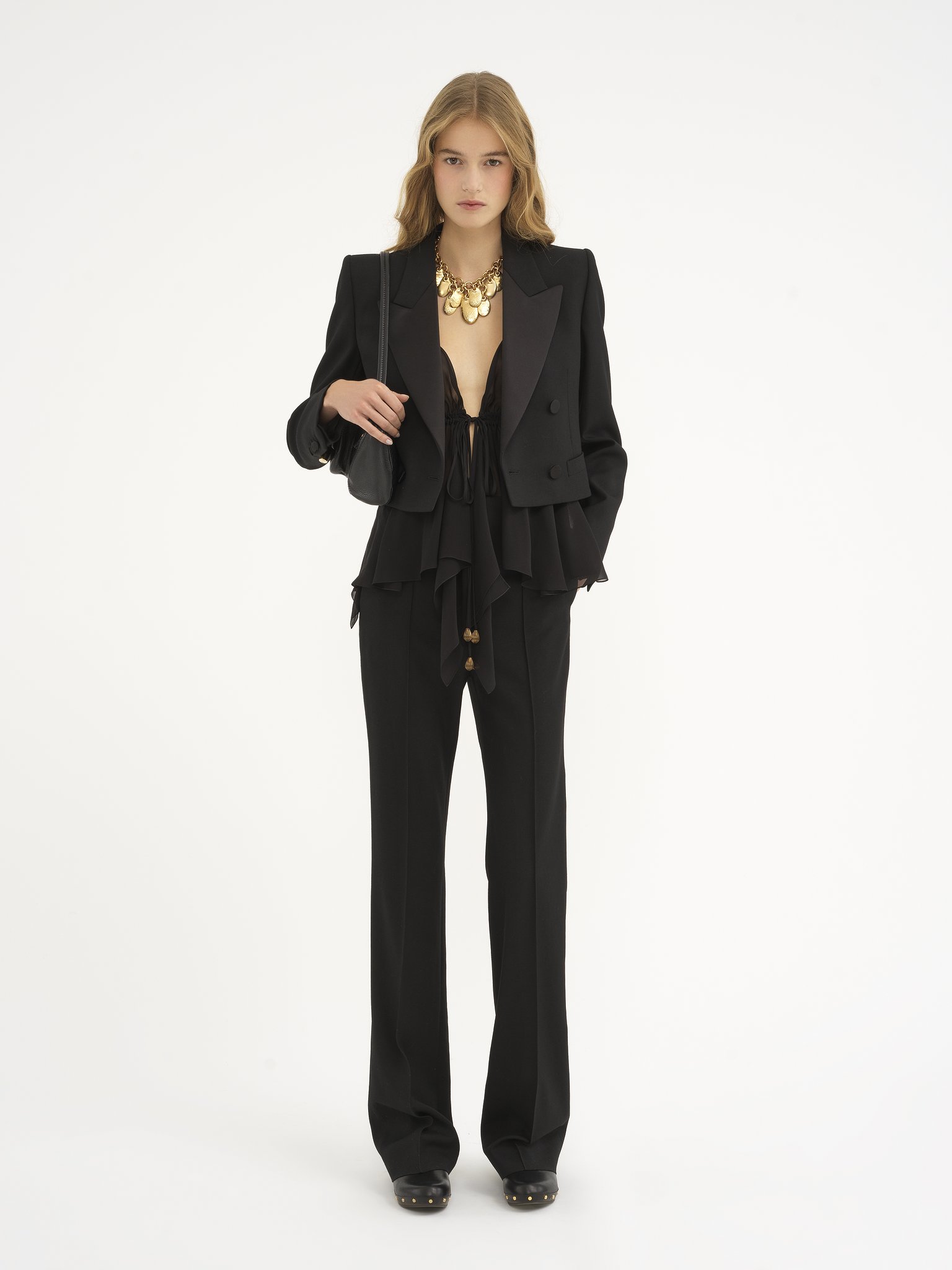 Cropped tuxedo jacket in wool gabardine Lower-impact wool gabardine
Black Back view of the product