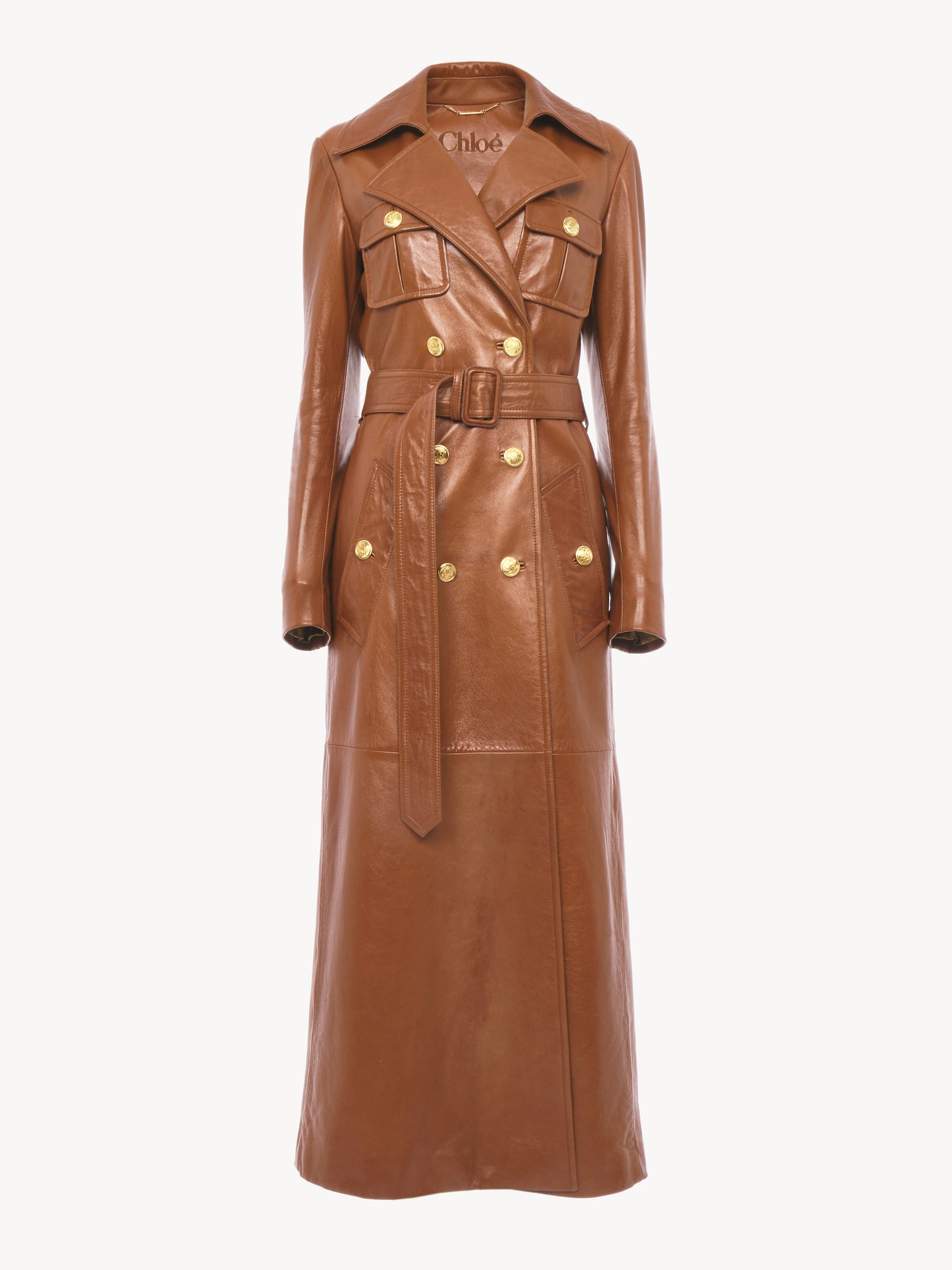 Utilitarian trench coat in soft leather Glossy leather
Caramelo