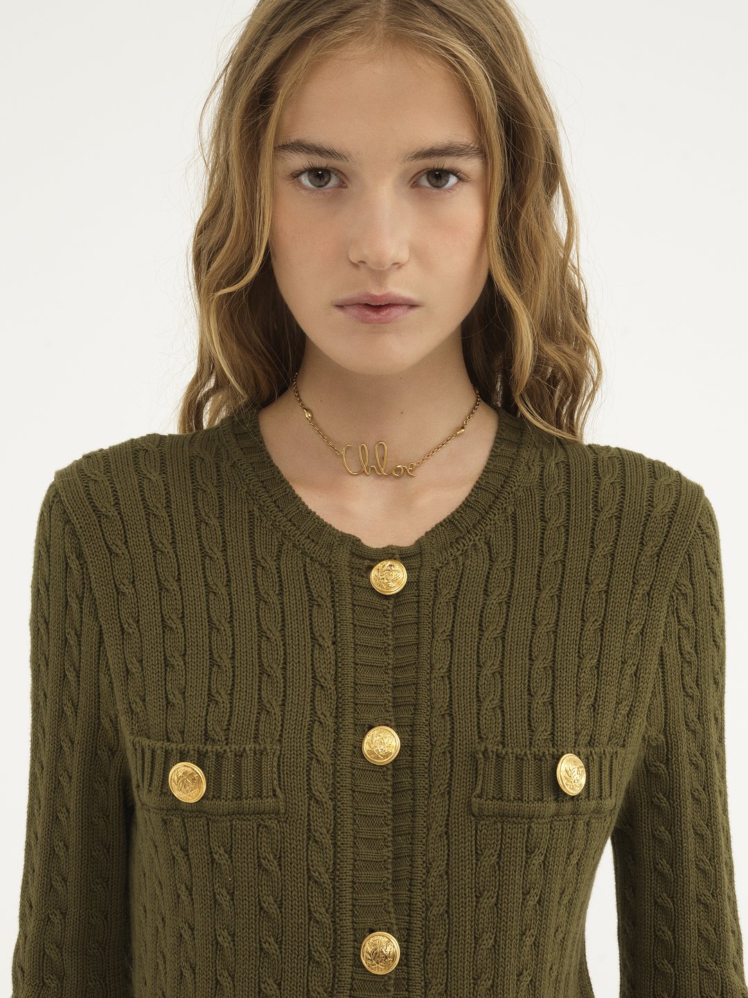 Chloe Buttoned Cable Knit Long Cardigan in Olive Size L