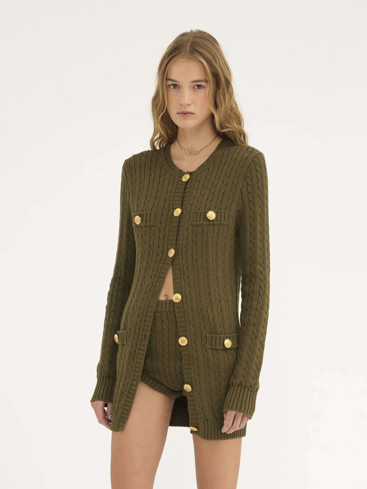 Utilitarian cable-knit cardigan in cotton Organic cotton cable knit
Olive Tree Product detail