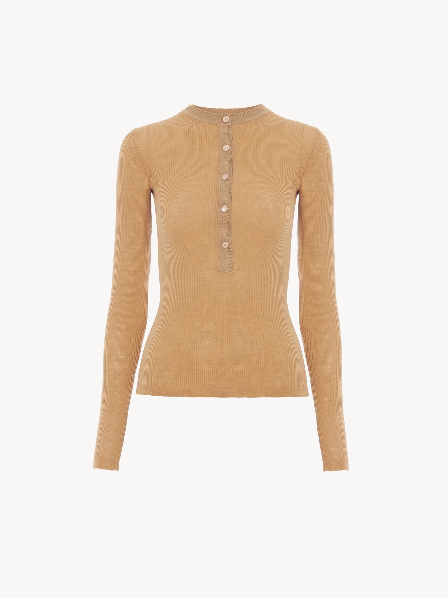 Knitted Henley shirt in fine merino wool  Lower-impact superfine wool rib knit
Tan Apricot